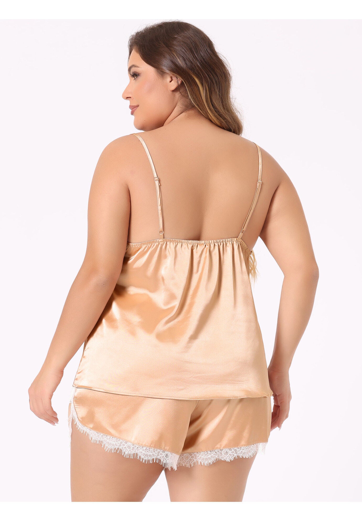 SATIN LACE PANEL CAMI TOP AND SHORTS SLEEPWEAR 2 PIECES PAJAMAS SET, Champagne / Gold, alternate image number 3