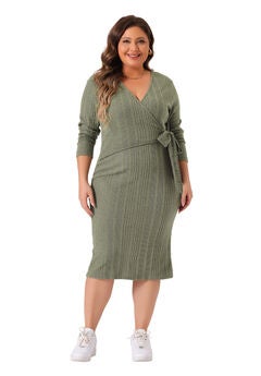 Wrap V Neck Long Sleeve Back Slit Elegant Midi Dress with Belted