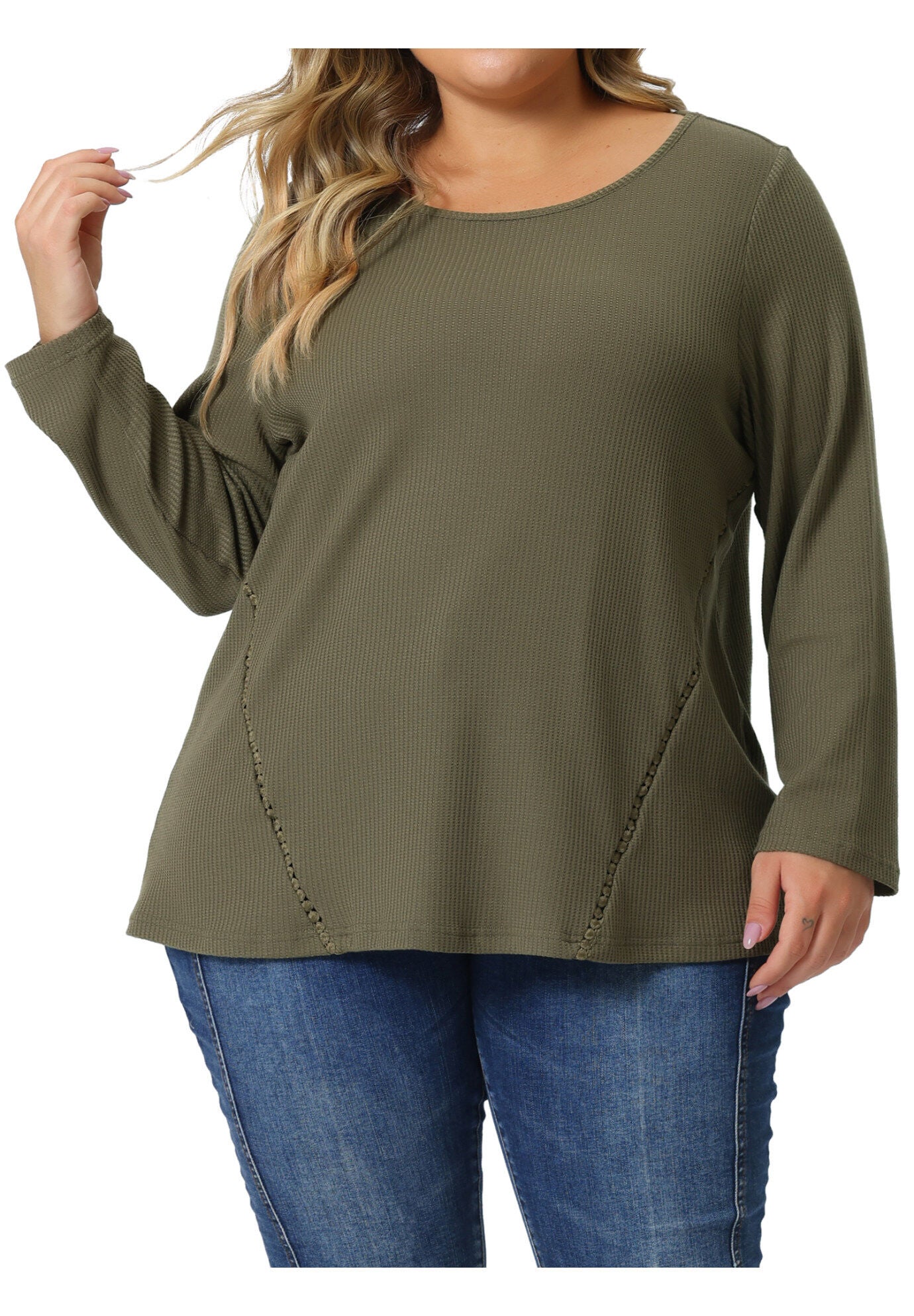 WAFFLE KNIT CAUSAL ROUND NECK TOP, Green / Sage Green, alternate image number 1