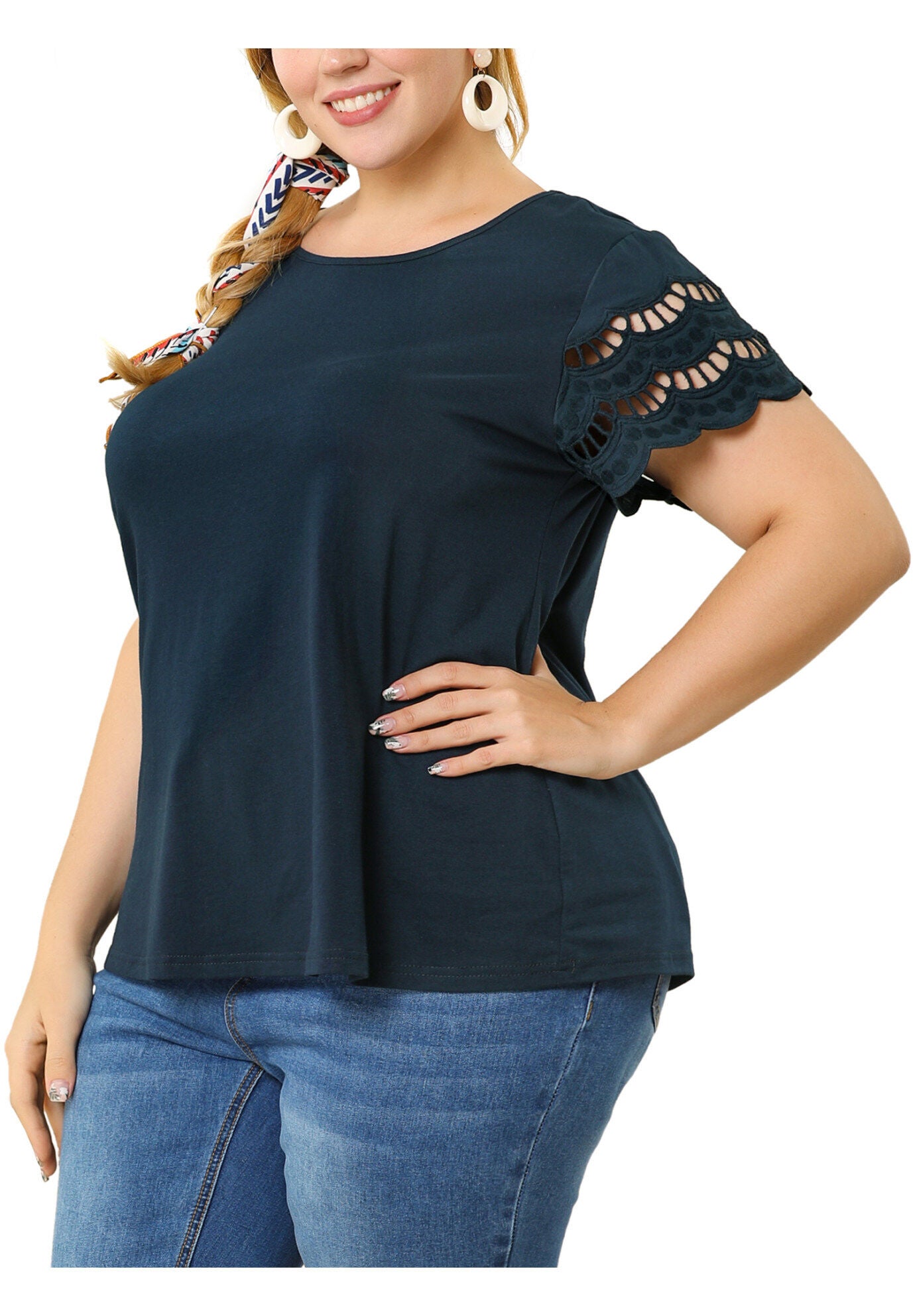 Lace Panel Hollow Short Sleeve Summer Blouse, Dark Blue / Navy, alternate image number 3