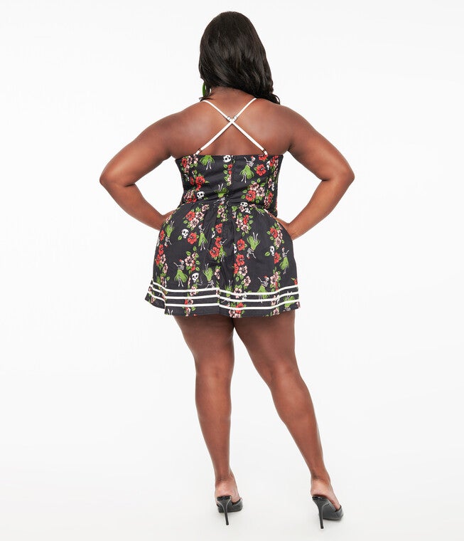 Unique Vintage 1940s Hula Skeletons Smocked Cotton Skirted Romper, Black Hulu Skeletons / Black, alternate image number 1