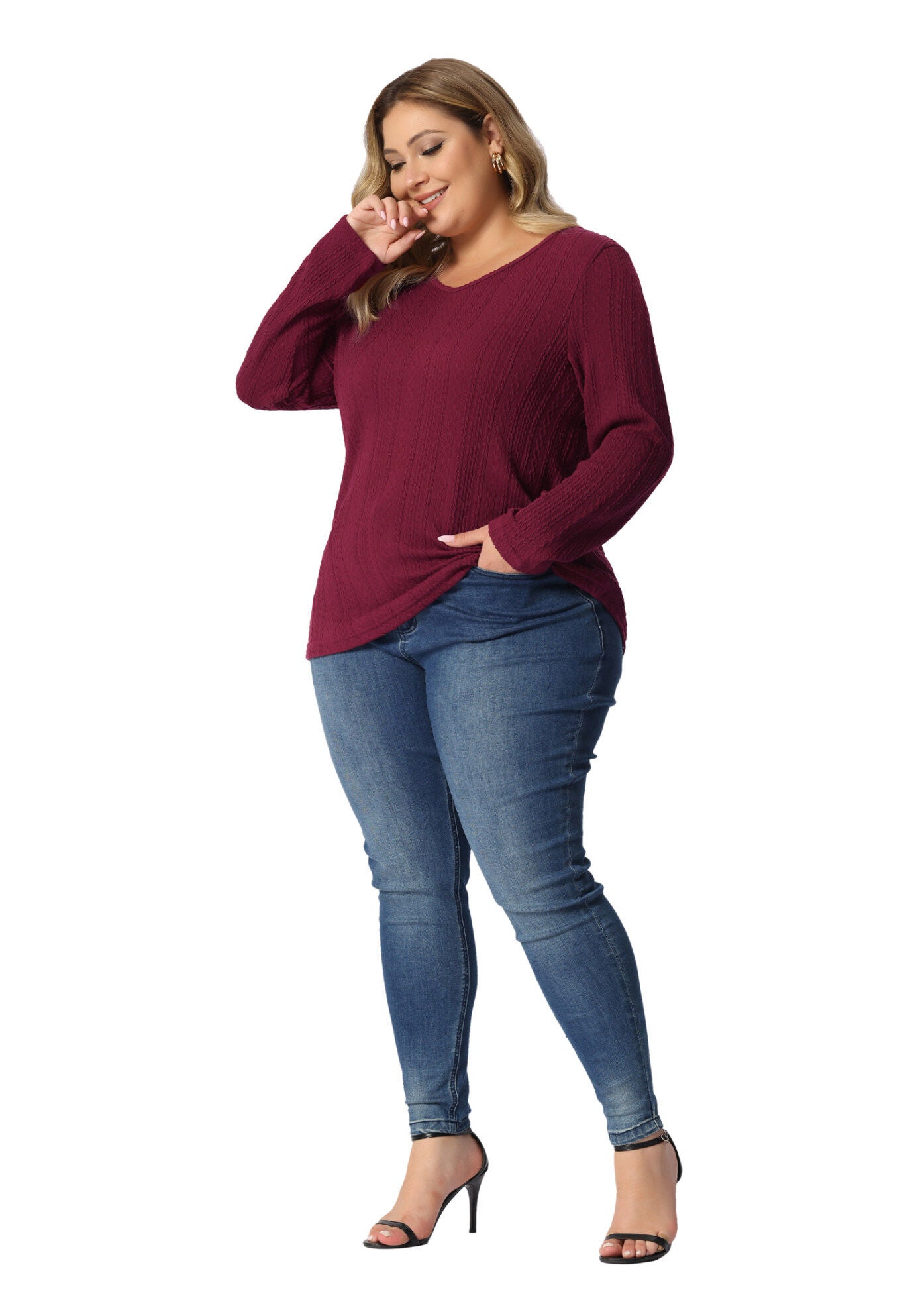 V Neck Long Sleeve Basic Knit Top Tee T-Shirt, Burgundy / Red, hi-res image number 0