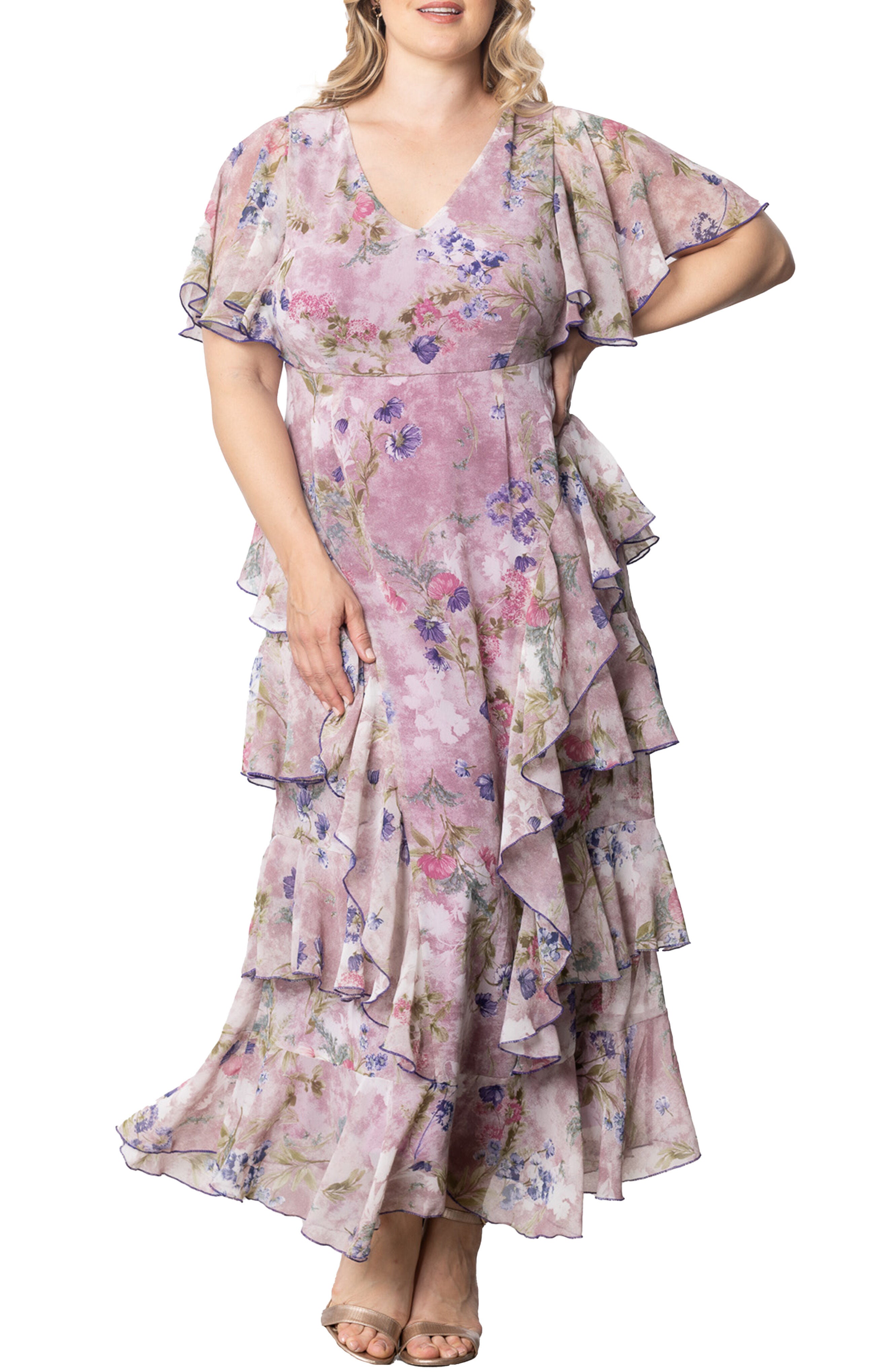 Tour de Flounce Chiffon Evening Gown, LILAC FLORAL PRINT / Lilac, hi-res image number 0