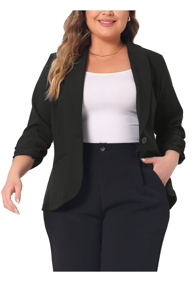 3/4 RUCHED SLEEVE OPEN FRONT LIGHTWEIGHT WORK BLAZER, Black / Black, alternate image number 2