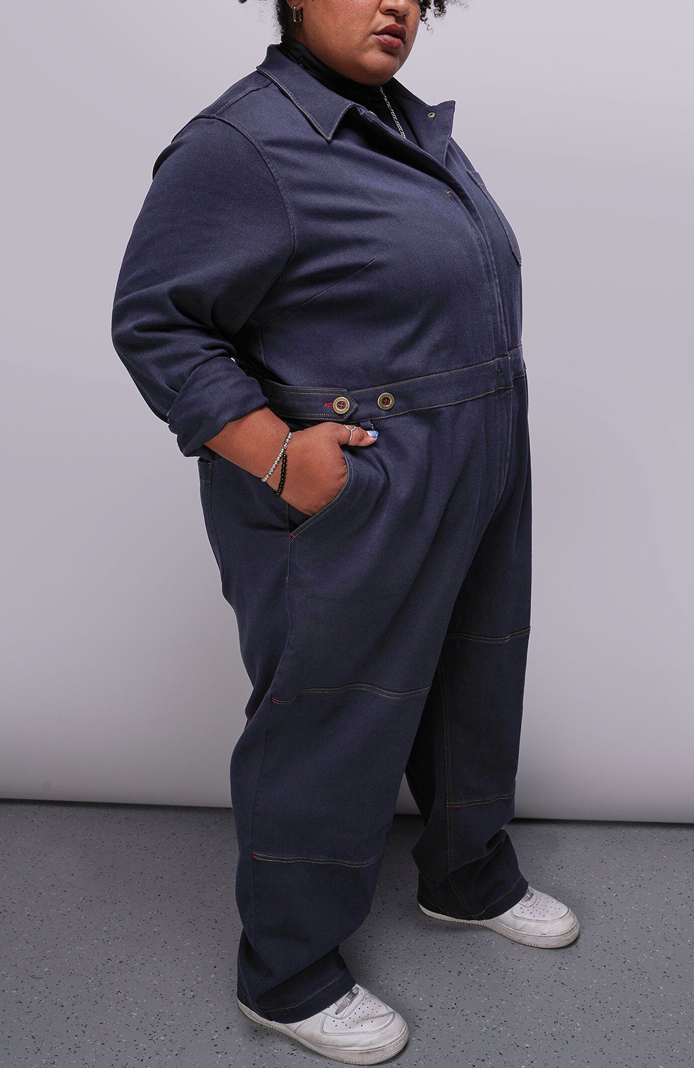 The Essential Denim Long Sleeve High Waisted Coverall, NAVY / Medium Wash, alternate image number 1