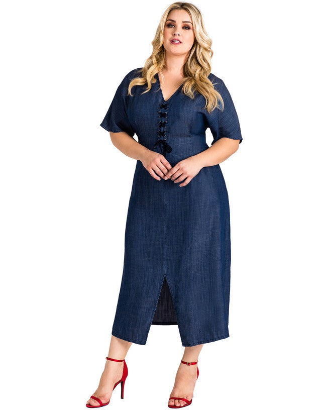 Plus Size Meme Lace-Up Tencel Denim Midi Dress, , alternate image number 7