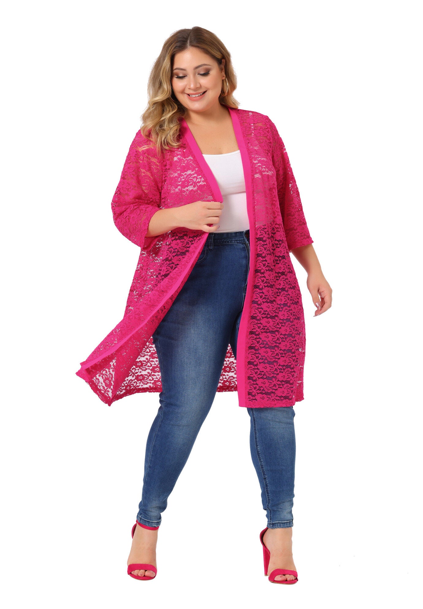 LACE CROCHET 3/4 SLEEVE COVER UP CARDIGAN, Hot Pink / Pink, alternate image number 2