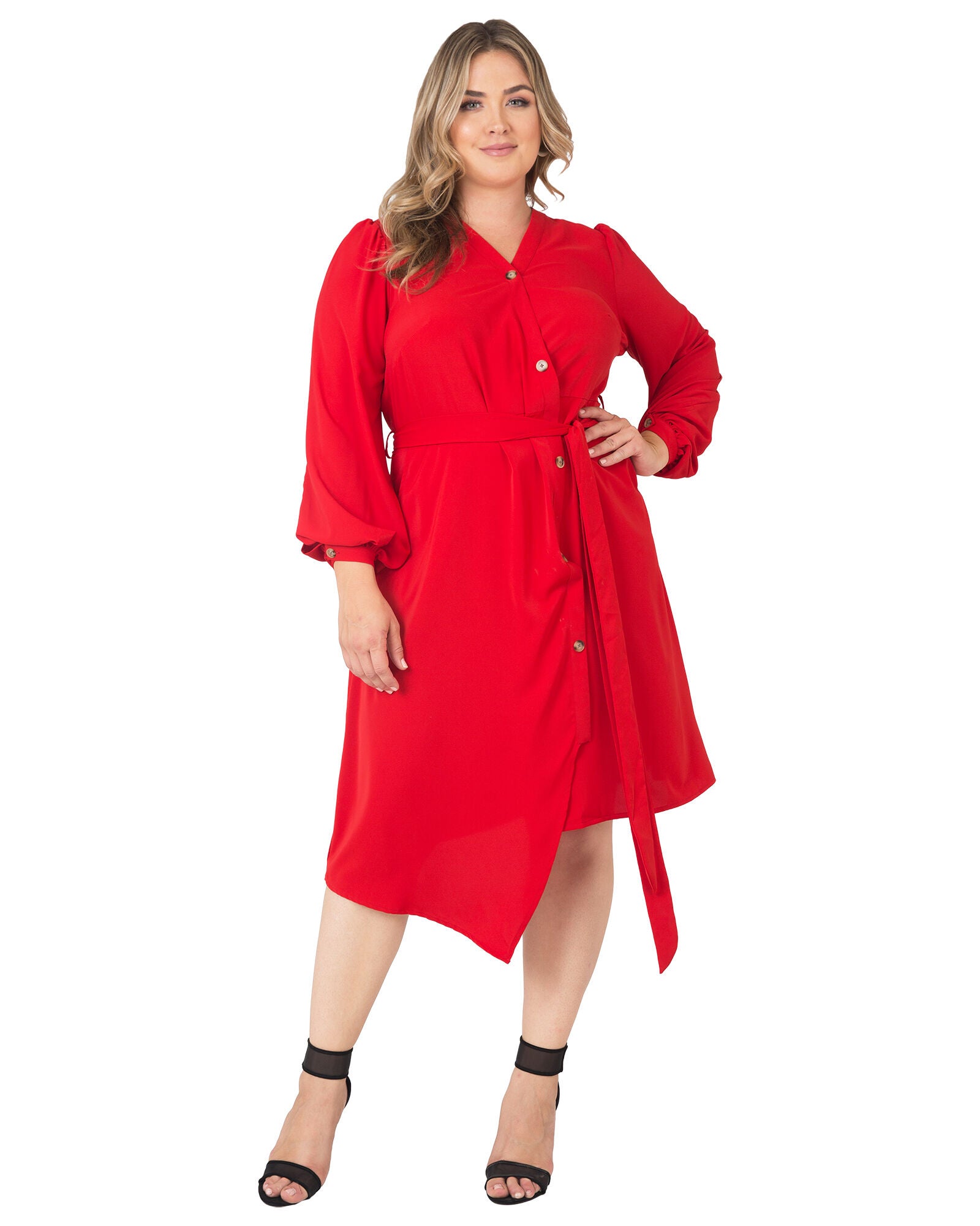 Standards & Practices Asymmetrical Hem Button-Up Wrap Lantern Sleeve Dress, CHERRY / Red, hi-res image number 0