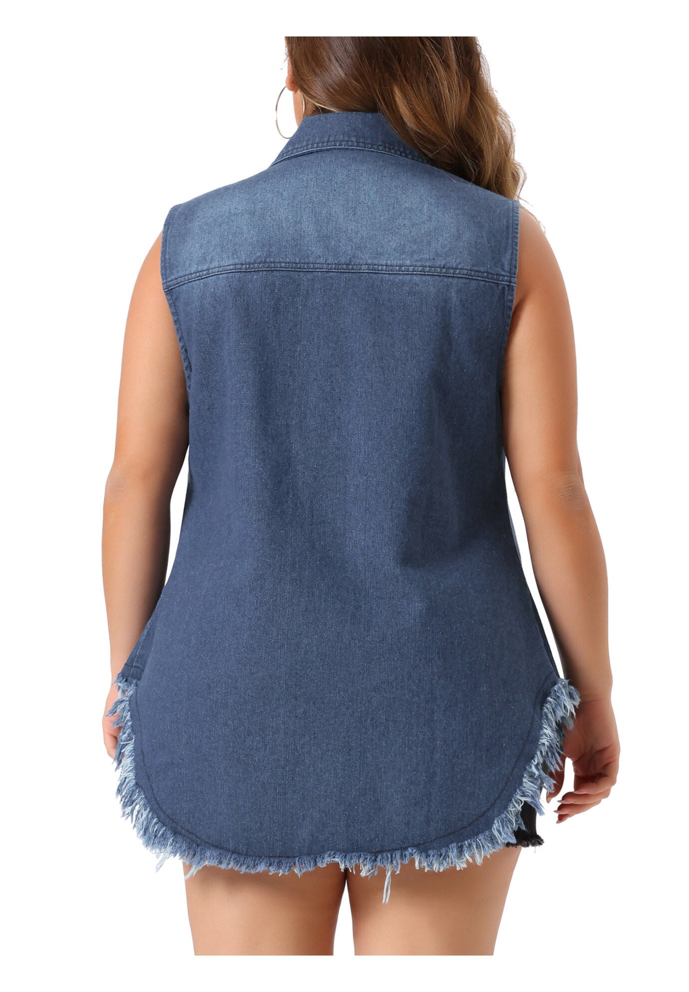 BUTTON UP FRAYED HEM SLEEVELESS JEAN DENIM VEST, Dark Blue / Navy, alternate image number 3