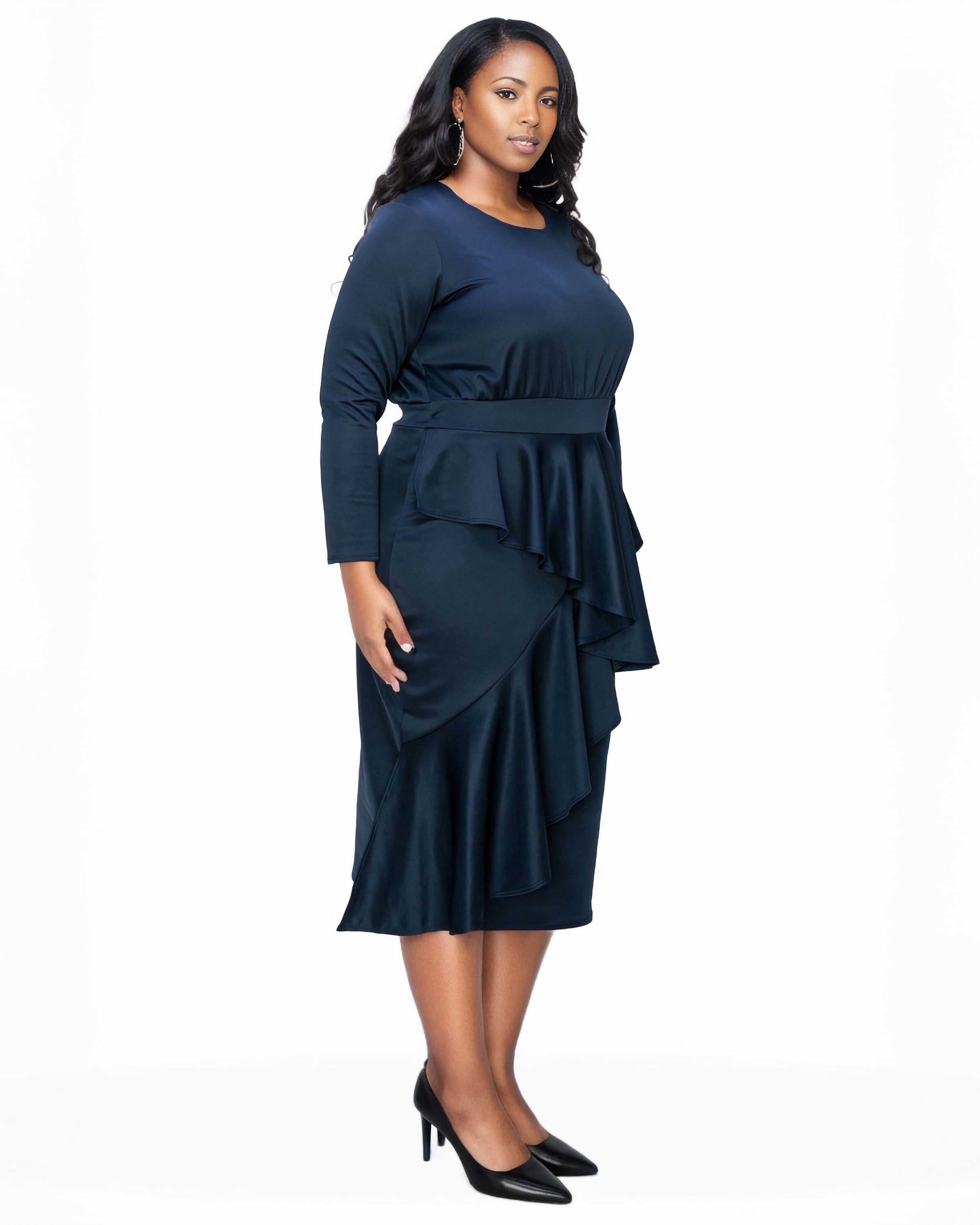 ALEXANDRA RUFFLED BODYCON DRESS, Navy / Navy, alternate image number 2