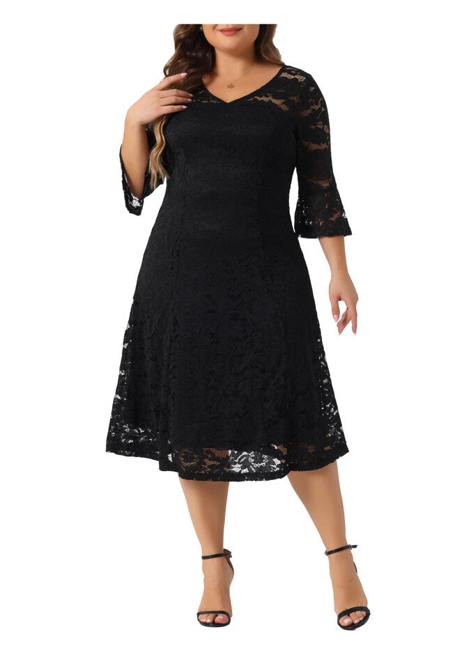 Lace V-Neck 3/4 Sleeve Midi Swing Evening Bridesmaid Dress, Black / Black, alternate image number 1