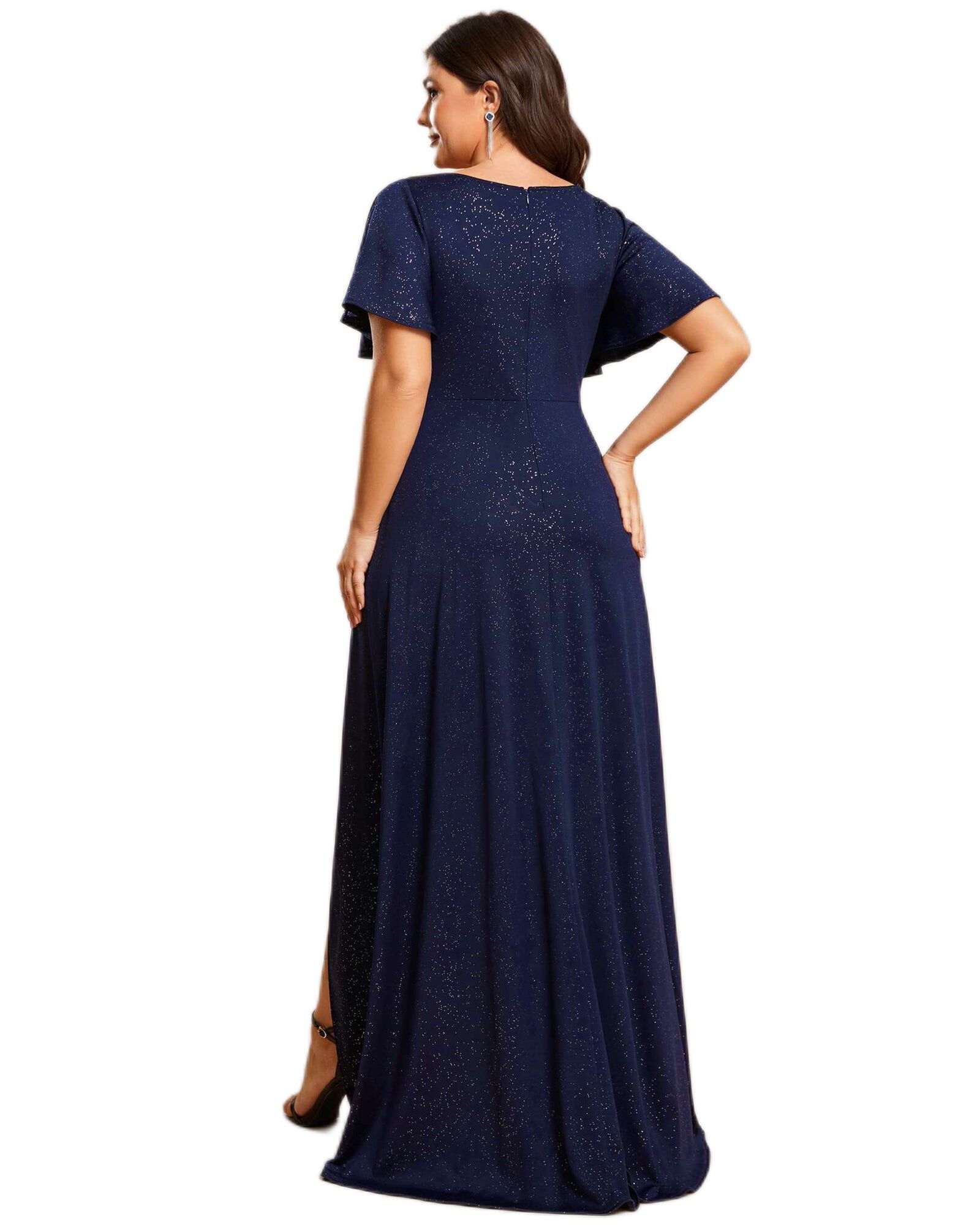 Glitter High-Low Front Side Slit Ruffled V-Neck Evening Dress, Navy Blue / Royal Blue, alternate image number 1