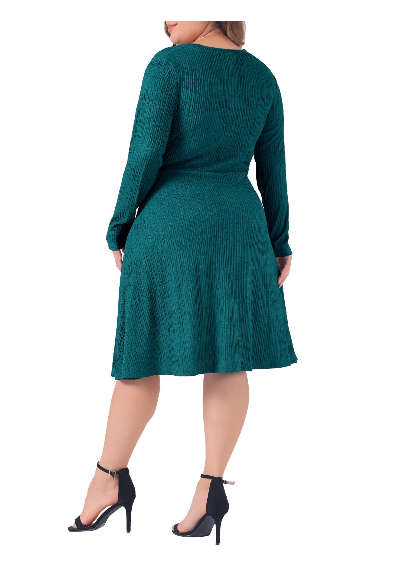 Long Sleeve Elegant Knitted Criss Cross V Neck Sweater Midi Dress, Green / Teal, alternate image number 3