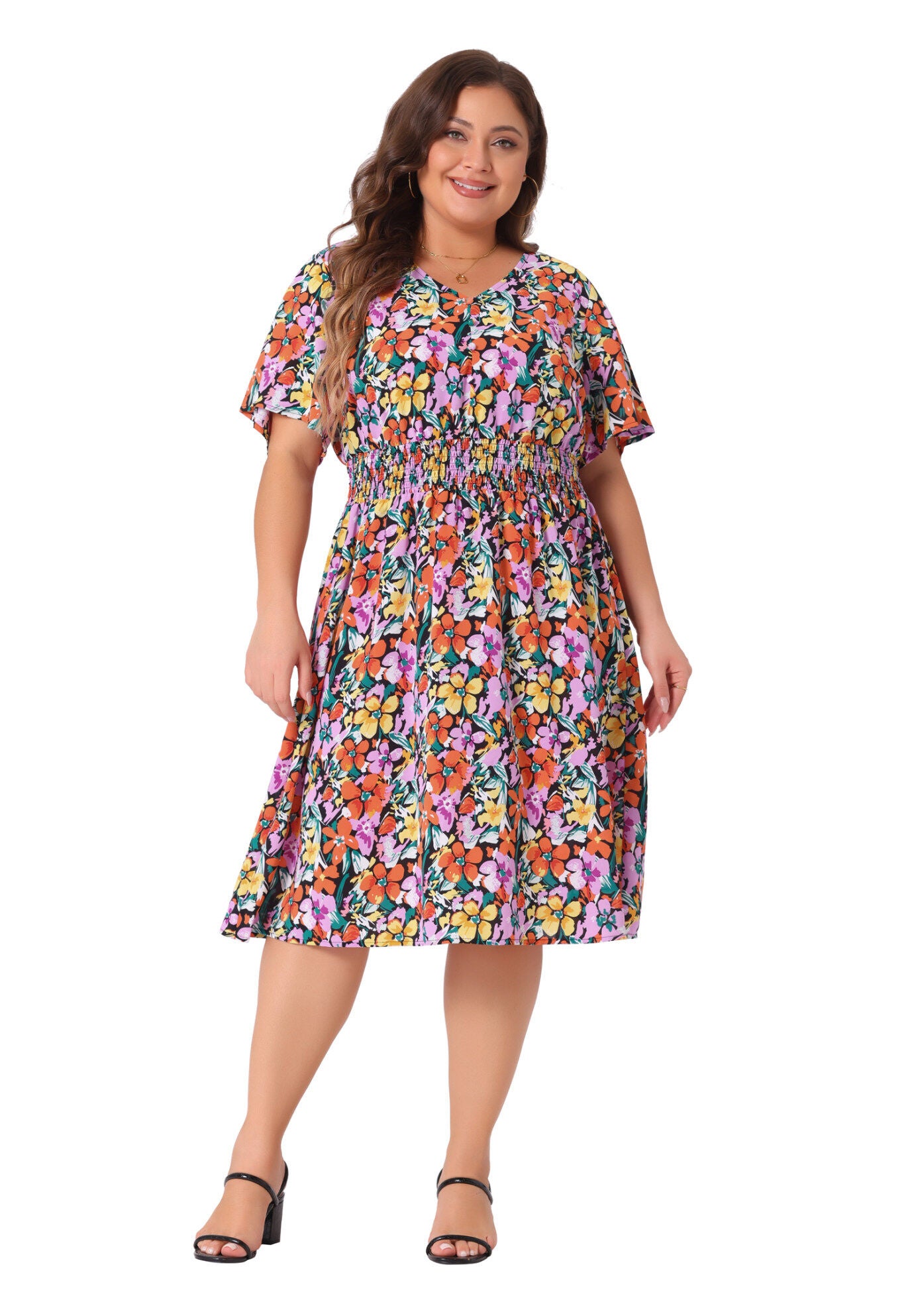 Summer Elastic Waist V Neck Short Sleeve Floral Midi Dress, Orange Yellow / Orange, hi-res image number 0