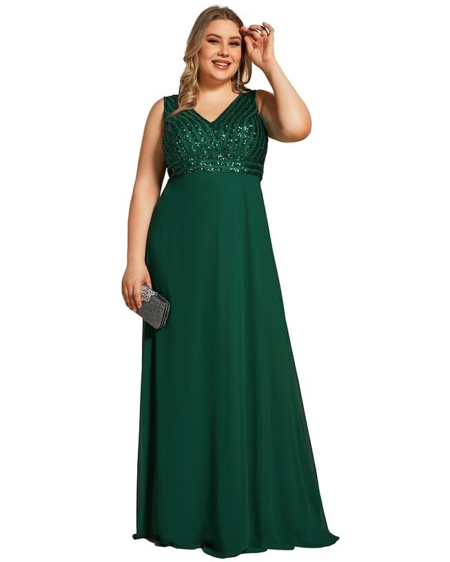 Sequin Sleeveless Double V-Neck Formal Evening Dress, Dark Green / Forest Green, alternate image number 4