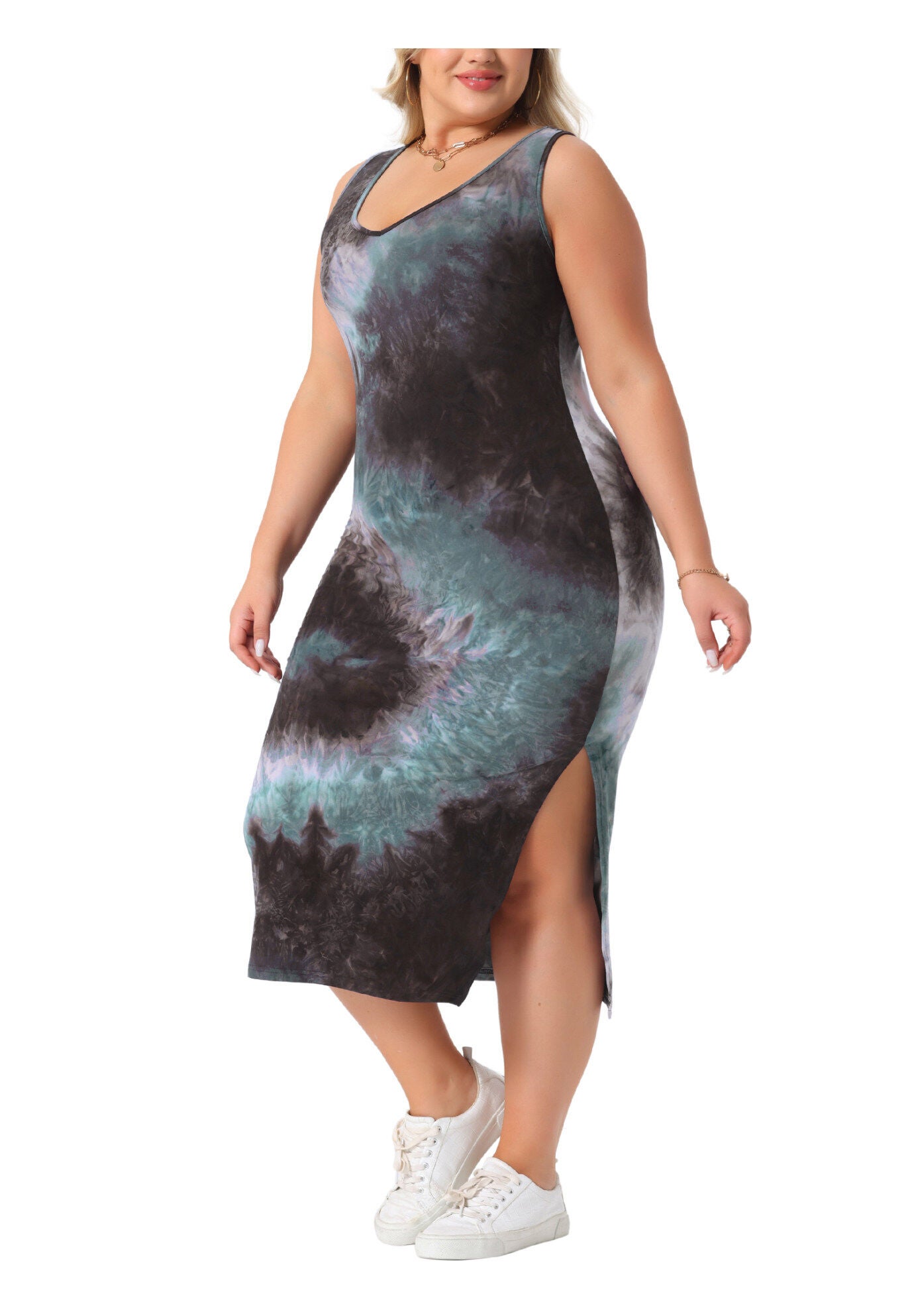 V Neck Sleeveless Tie Dye Midi Beach Sundress Tank Dress, Gray Blue / Charcoal Grey, alternate image number 1
