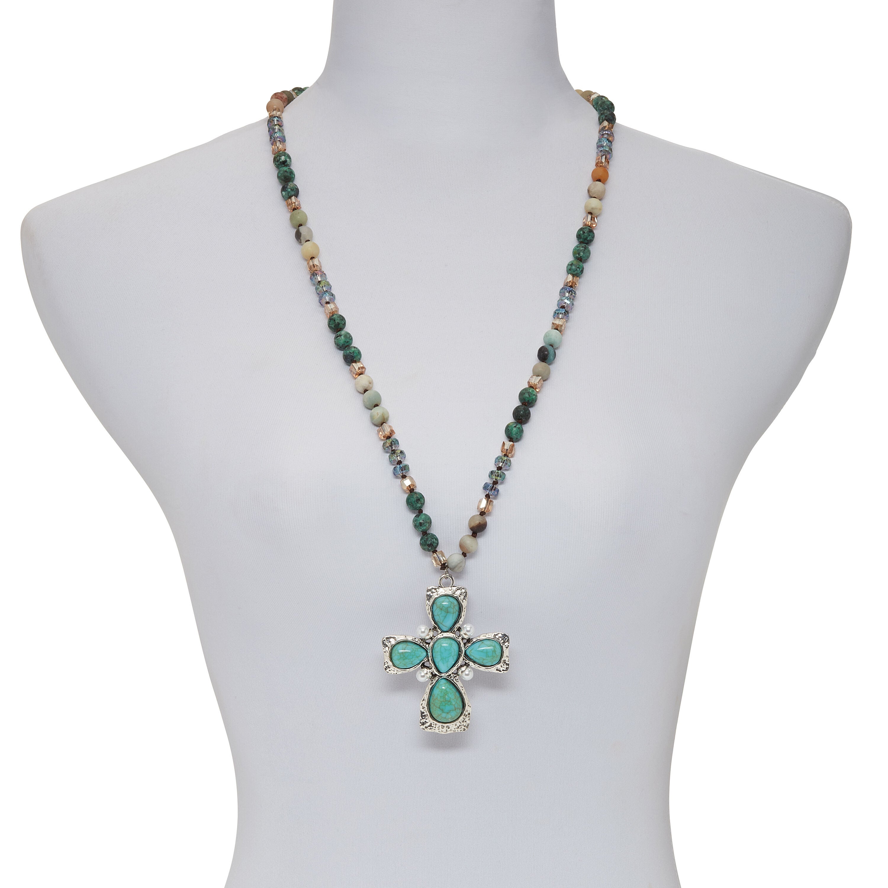 Genuine Jasper, Amazonite and Freshwater Pearl Silvertone Cross Necklace 32 Inch, , alternate image number 7
