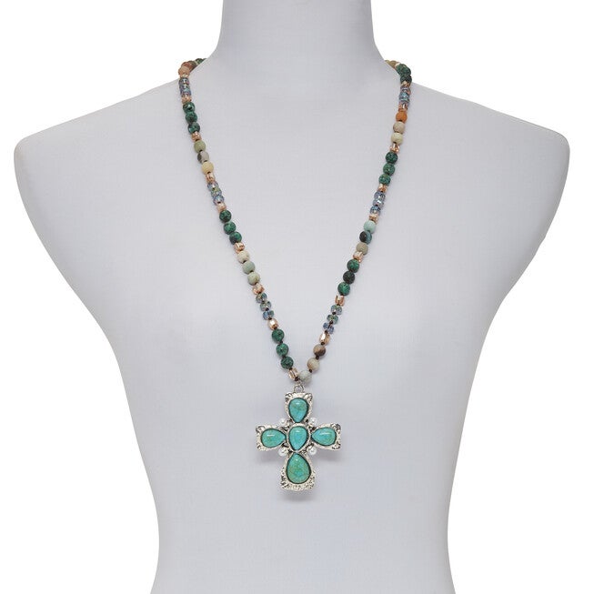 Genuine Jasper, Amazonite and Freshwater Pearl Silvertone Cross Necklace 32 Inch, , alternate image number 7