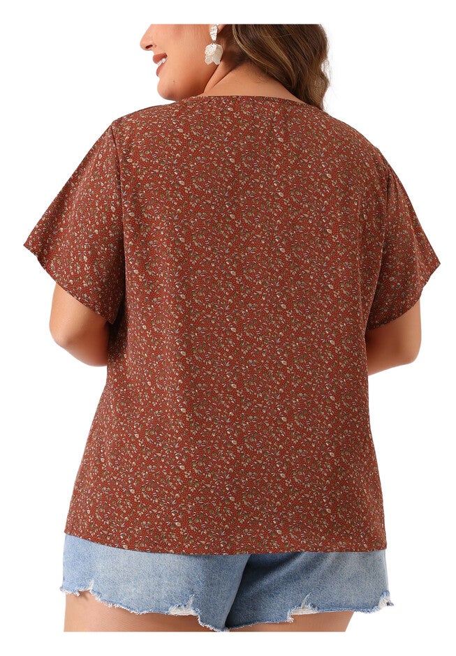 V Neck Button Short Sleeve Floral Blouse, Red / Red, alternate image number 4