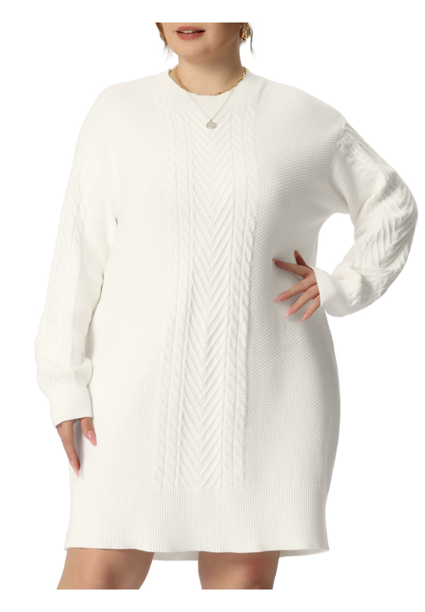 CREWNECK LONG SLEEVE KNIT TUNIC PULLOVER SHORT SWEATER DRESS, White / White, alternate image number 1