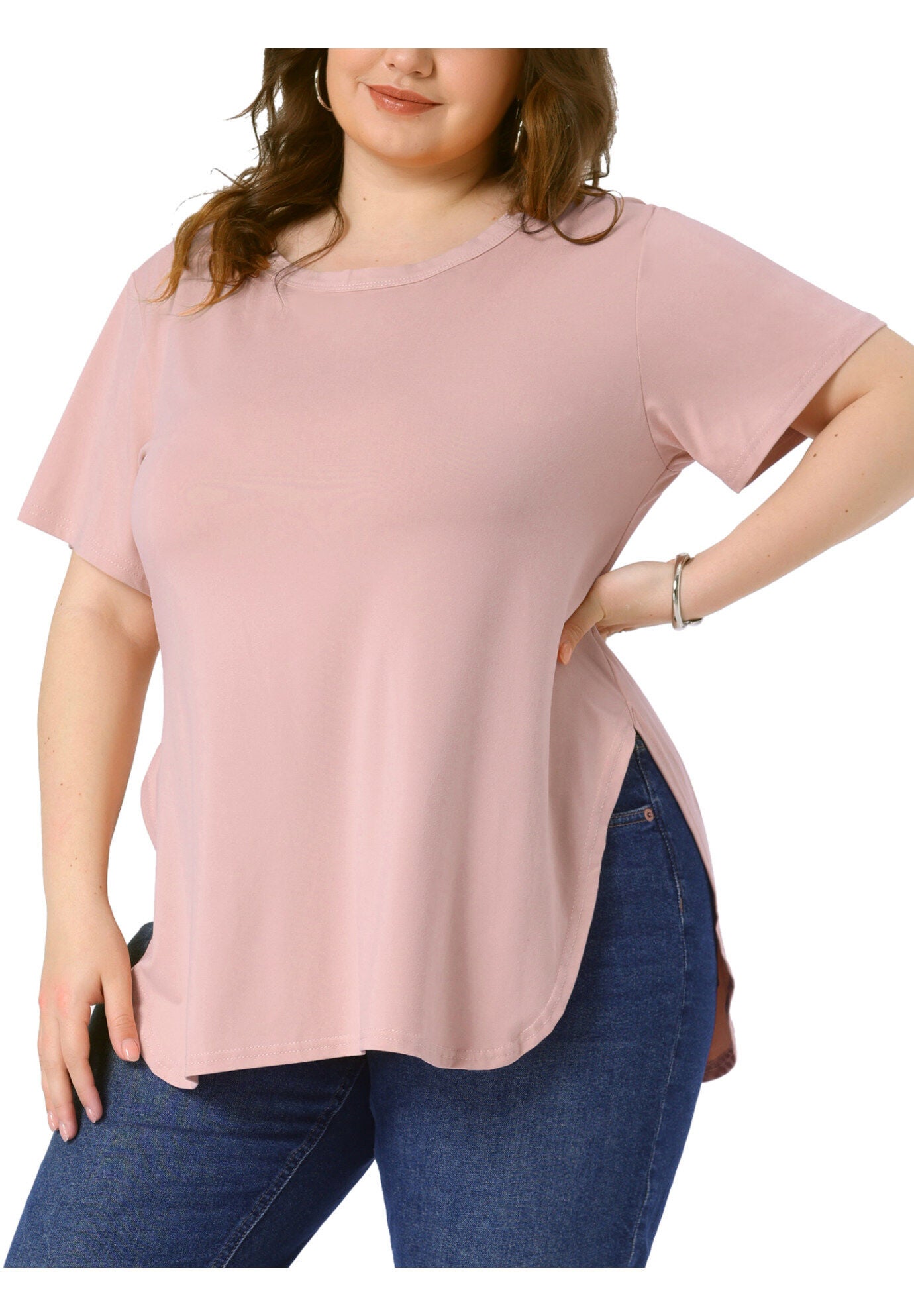 Short Sleeve Round Neck Side Split Hem T-Shirts, Pink / Pink, alternate image number 1
