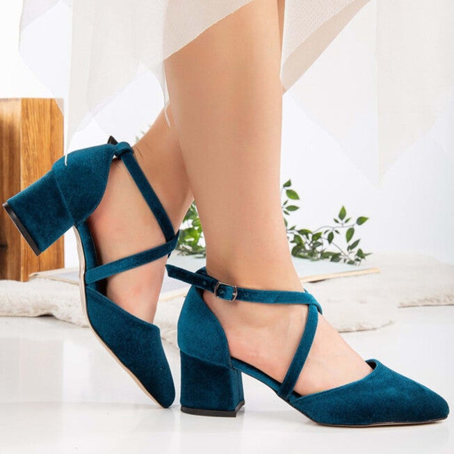DOLLY - TEAL BLUE VELVET BLOCK HEELS, TEAL BLUE / Teal, alternate image number 4