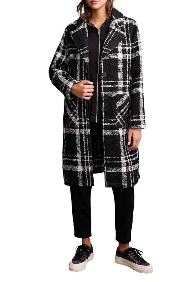 TEXTURE BOUCLE PLAID DUSTER BUTTON-UP COAT JACKET, Black White / Black, hi-res image number null