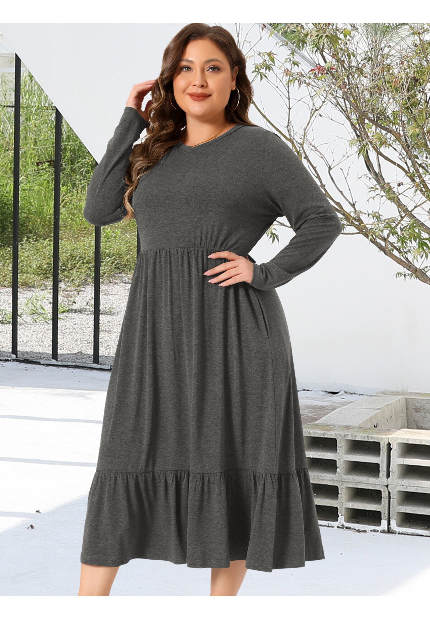 V Neck T Shirts Flowy Tiered A-Line Dress with Pockets, Gray / Charcoal Grey, alternate image number 1