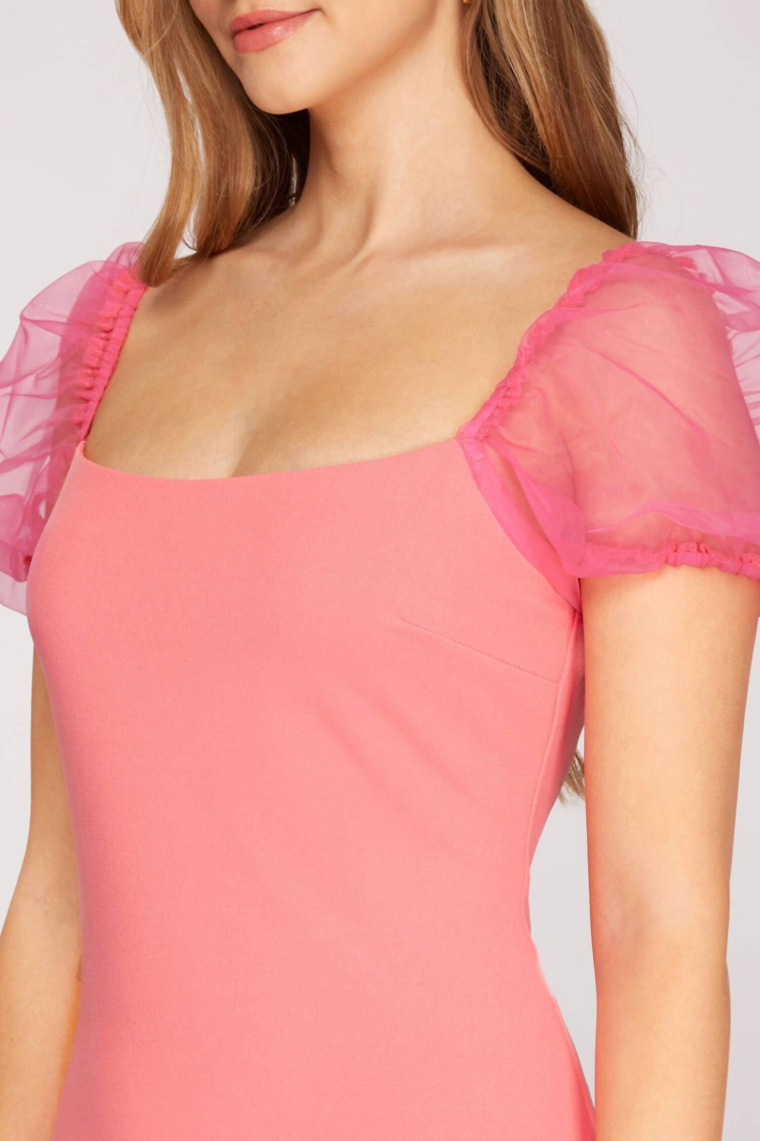 ORGANZA PUFF SLEEVE HEAVY KNIT MINI DRESS IN CANDY PINK, , alternate image number 3