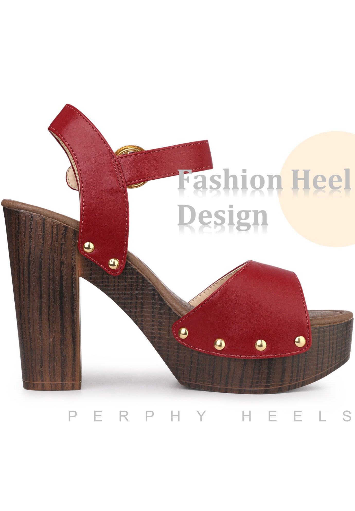 Platform Heels Slingback Chunky High Heel Sandals, Red / Red, alternate image number 3