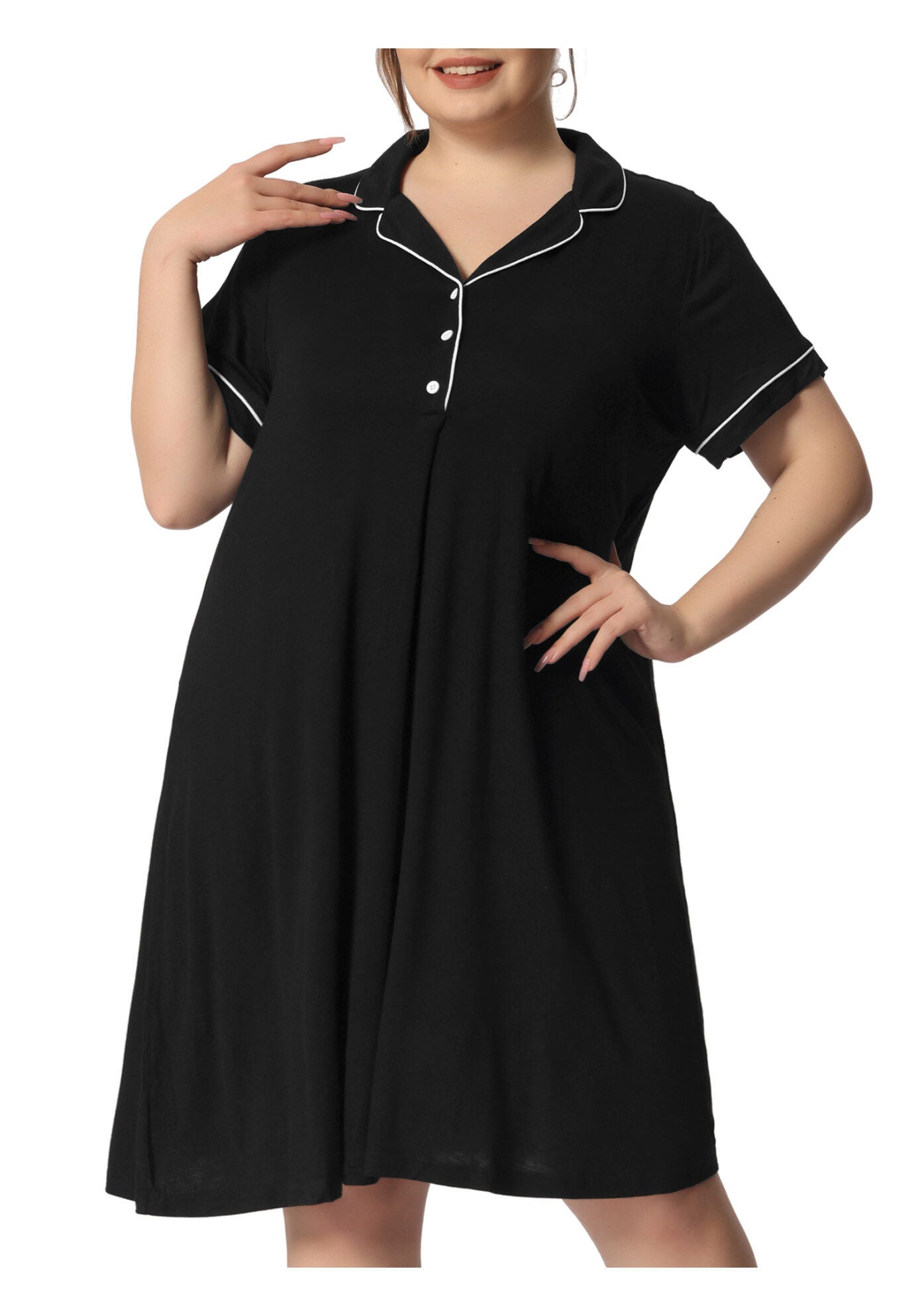 Short Sleeves Pajama Button Down Nightshirt, Black / Black, alternate image number 1