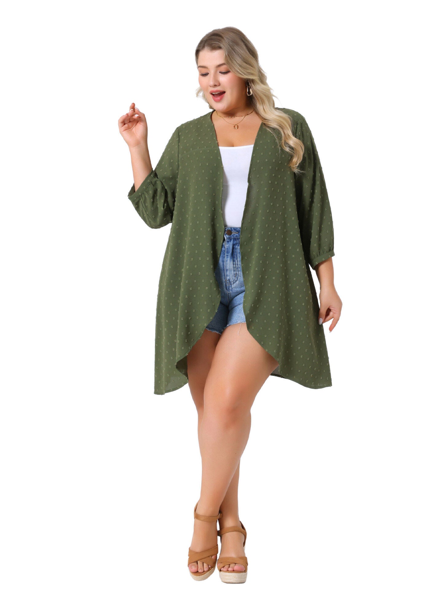 OPEN FRONT 3/4 SLEEVE SWISS DOTS LIGHTWEIGHT COVER UP CARDIGAN, Army Green / Olive Green, hi-res image number 0