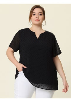 Swiss Dots Notched Neck Short Sleeve Basic Blouse