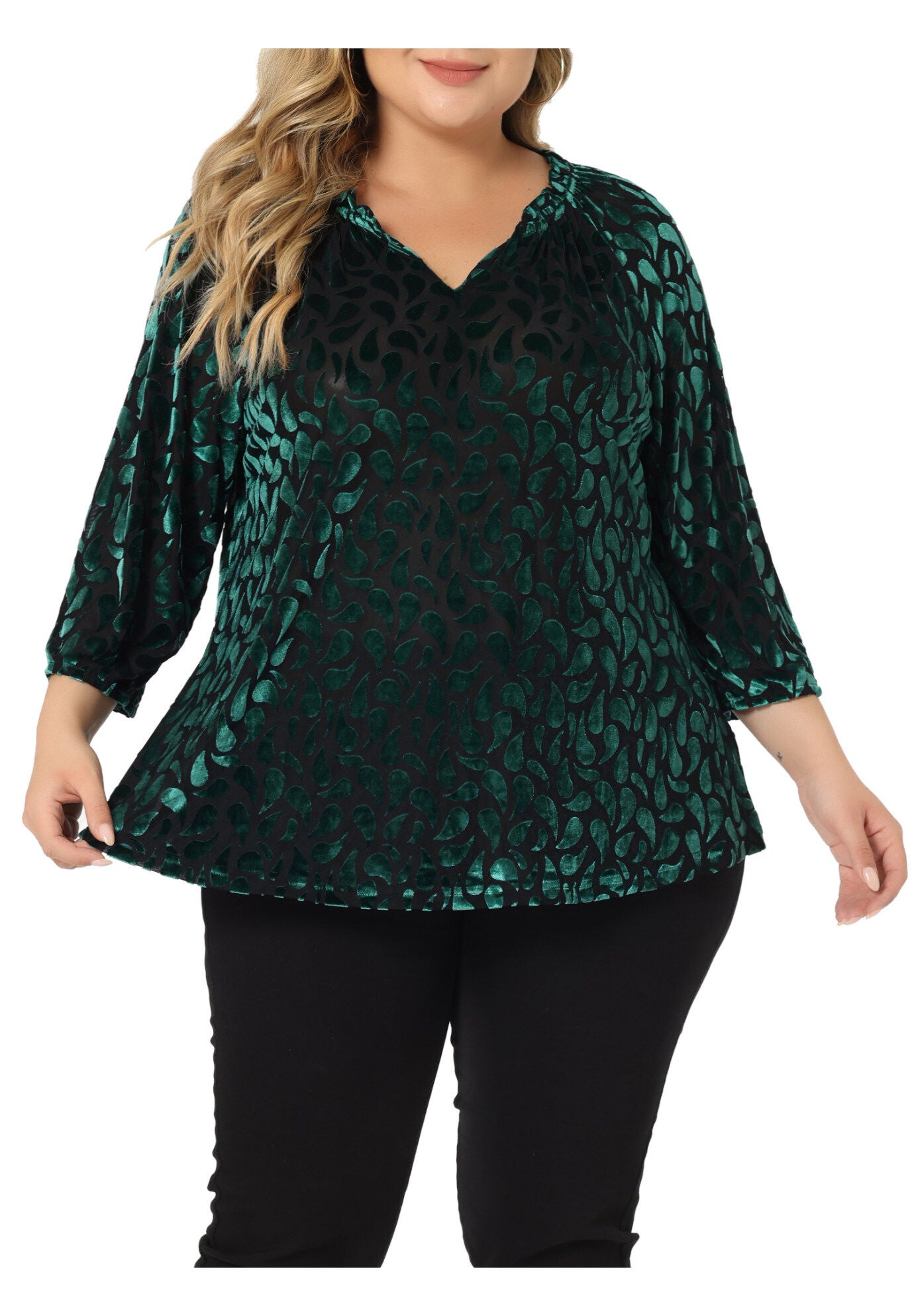 Vintage Velvet Top Sheer Mesh V Neck 3/4 Sleeve Elegant Blouse, Dark Green / Hunter Green, alternate image number 2