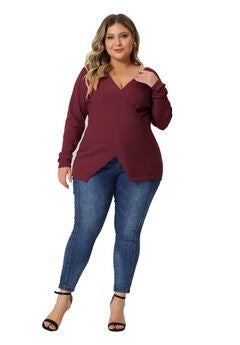 Wrap V Neck Criss Cross Long Sleeve Asymmetrical Knit Top