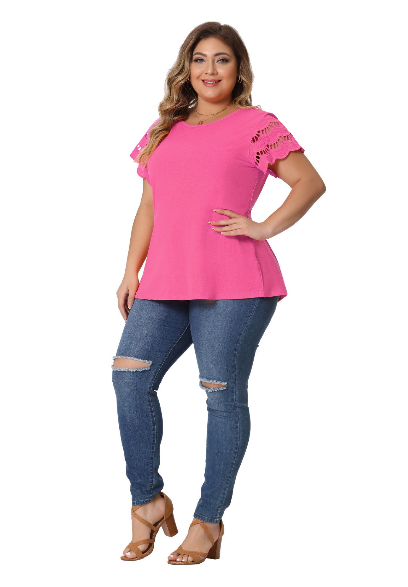 Lace Panel Hollow Short Sleeve Summer Blouse, Hot Pink / Magenta, hi-res image number 0