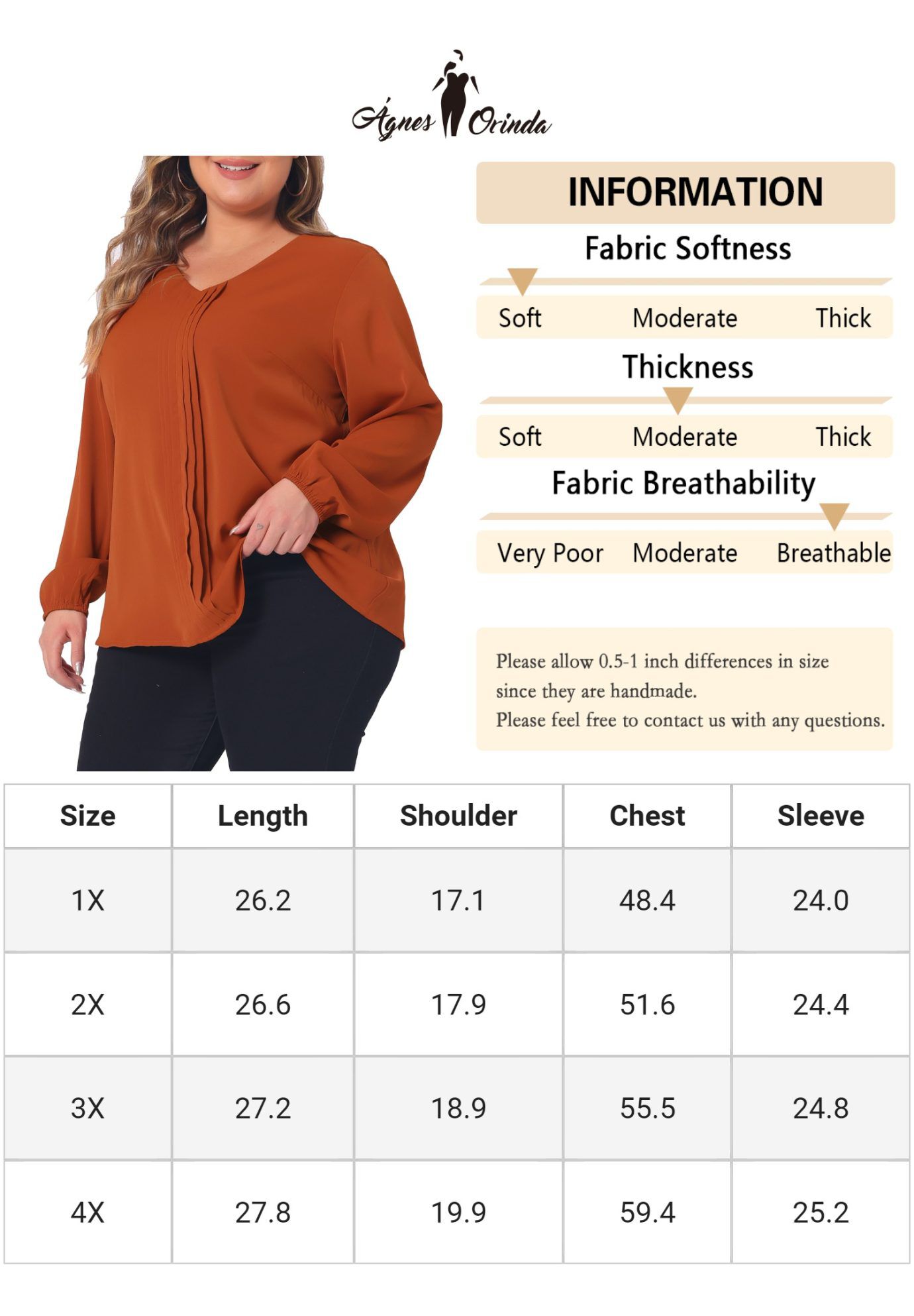 Long Sleeve Flowy Shirt Pleated V Neck Blouse, Caramel / Burnt Orange, alternate image number 3
