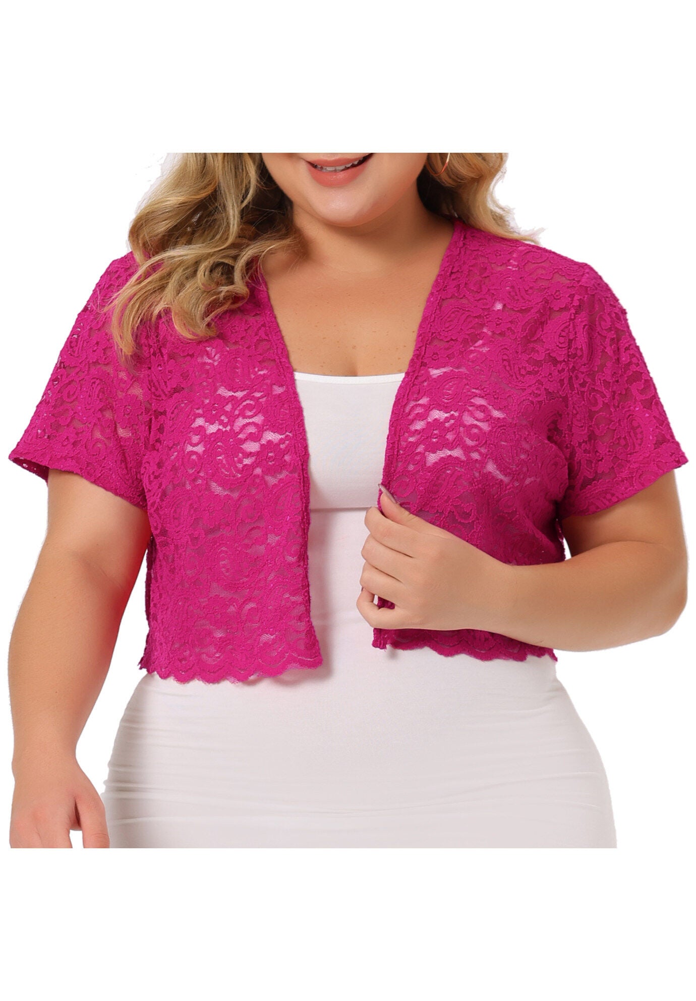 OPEN FRONT SHORT SLEEVE CROCHET LACE CROPPED BOLERO SHRUG CARDIGAN, Hot Pink / Pink, alternate image number 1