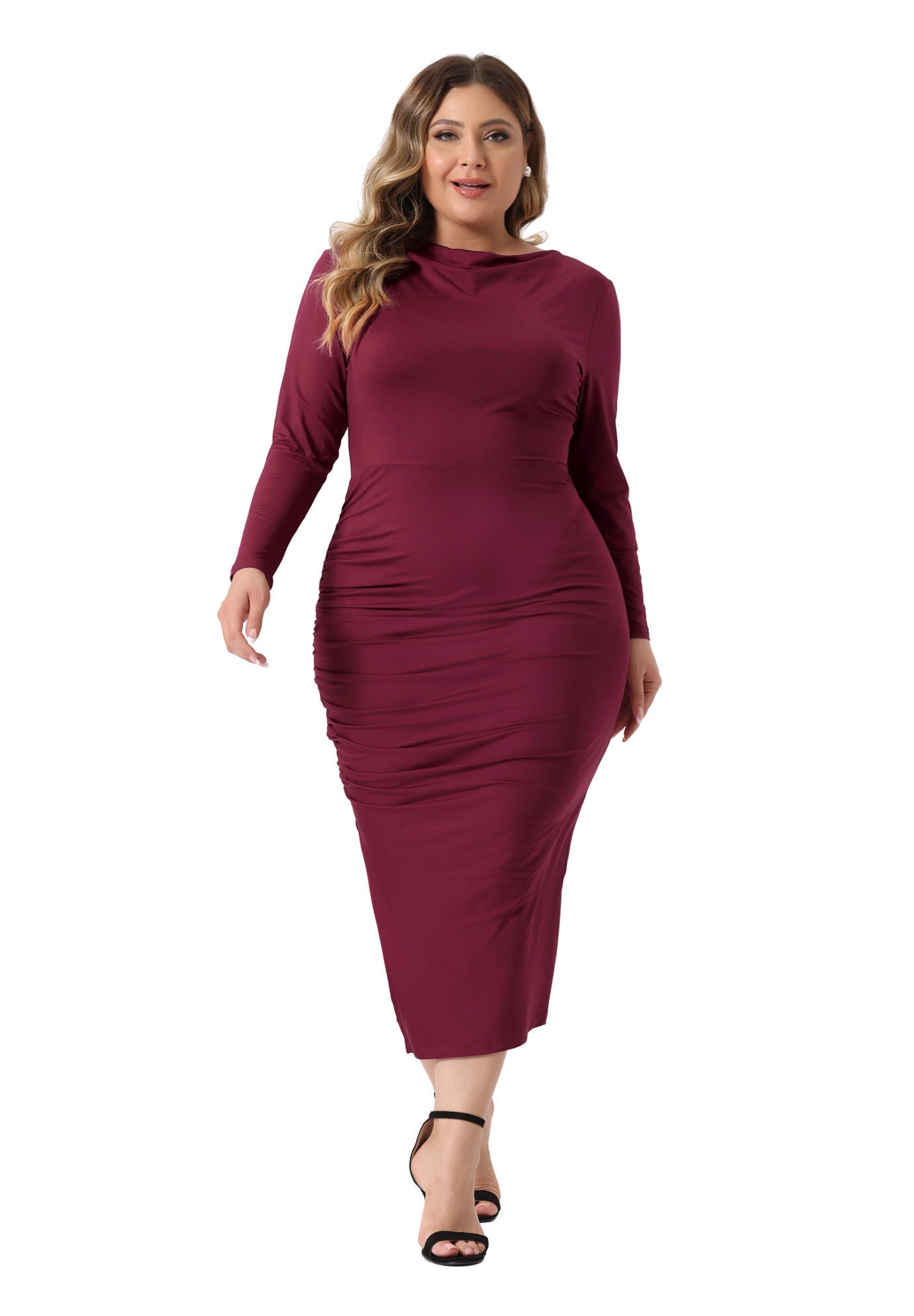 Long Sleeve Crew Neck Side Slit Ruched Bodycon Dress, Burgundy / Burgundy, hi-res image number 0