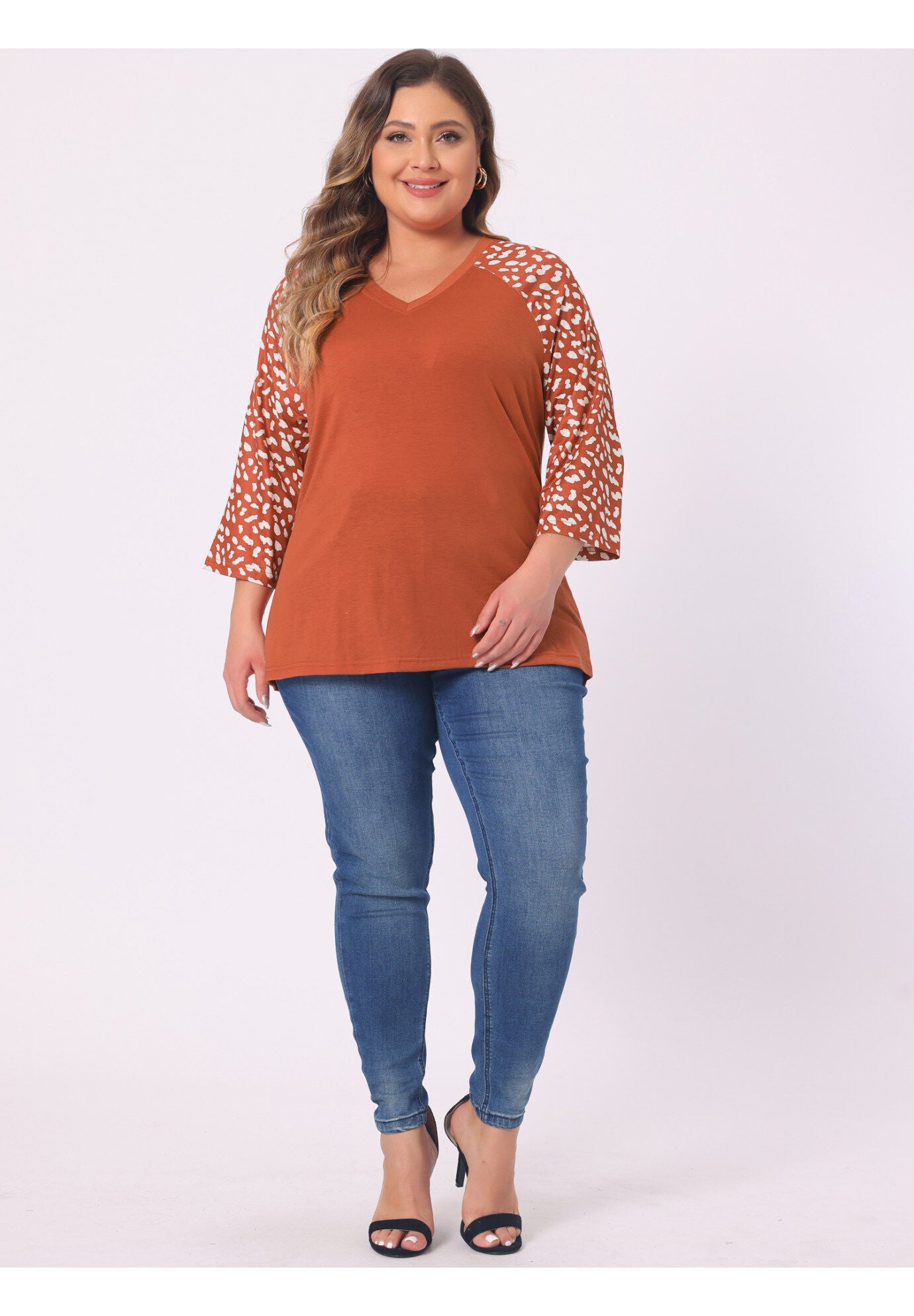 Casual V Neck 3/4 Sleeve Floral Raglan Top, Orange / Orange, hi-res image number 0