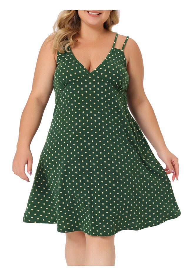 CAMI DEEP V KNIT POLKA DOTS NIGHTGOWN LINGERIE, Dark Green / Forest Green, alternate image number 2