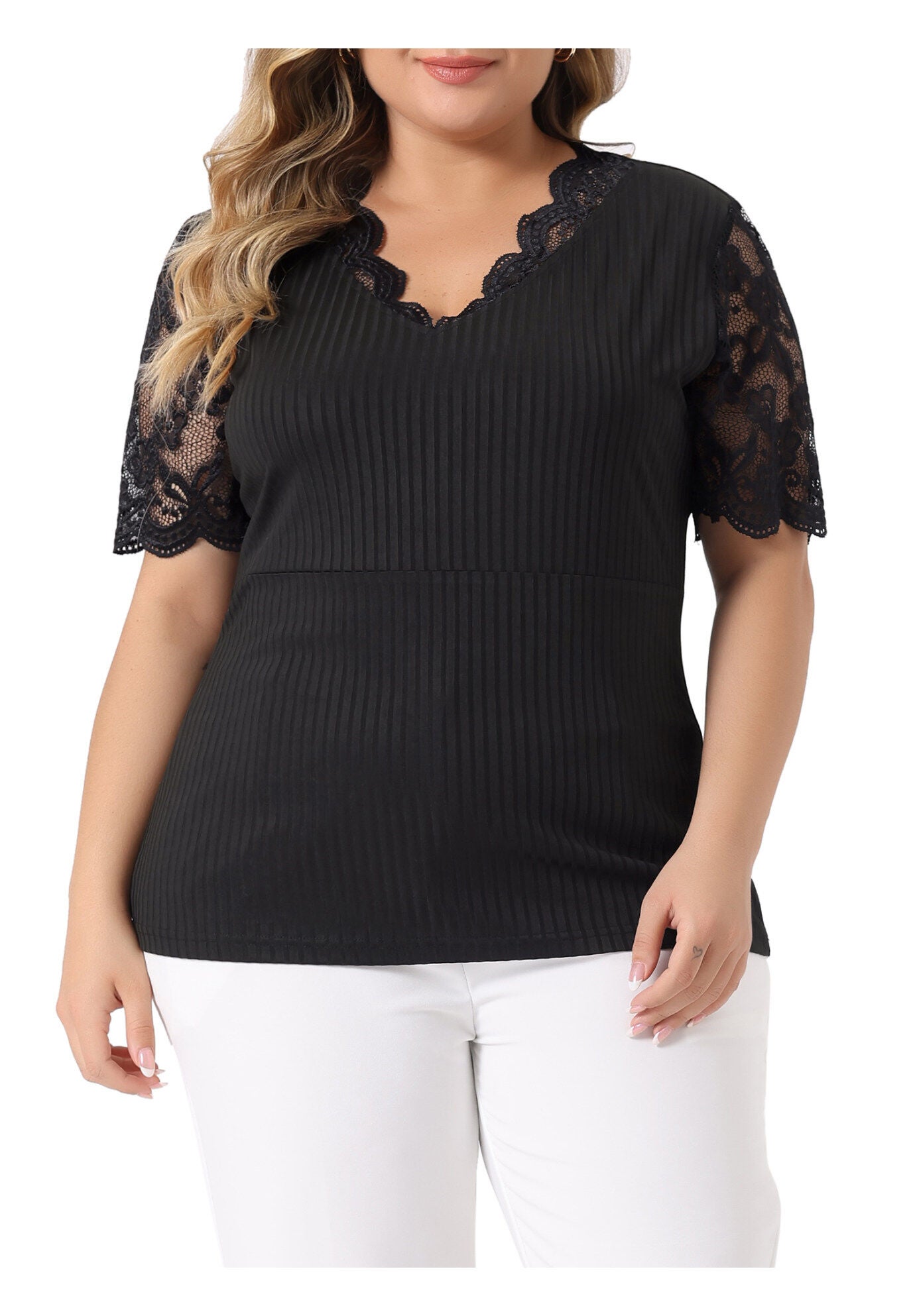 V Neck Short Sleeve Lace Ribbed Knit Tunic Top, Black / Black, alternate image number 1