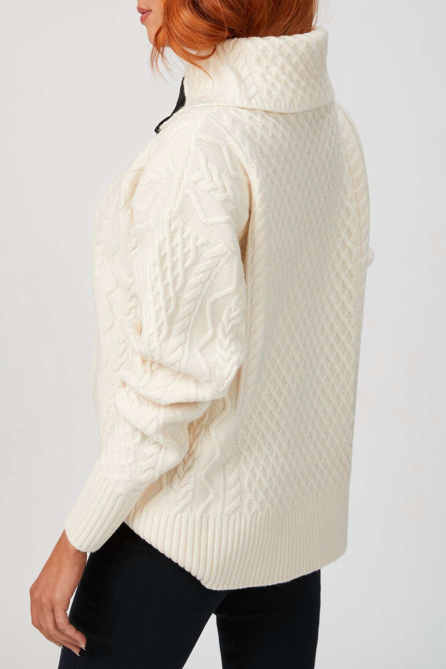 CABLE KNIT KEY HOLE SWEATER IN IVORY, Ivory / White, alternate image number 2