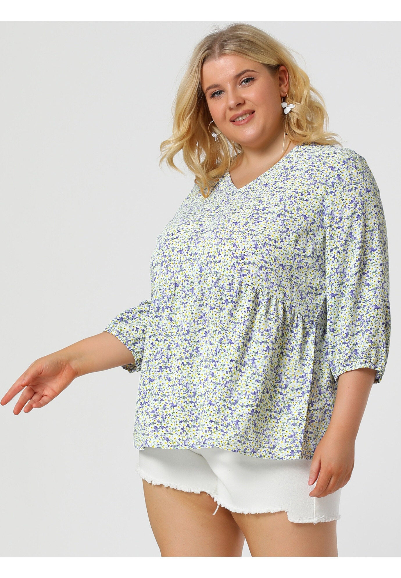 V Neck Babydoll Flowy 3/4 Lantern Sleeve Floral Blouse, Lavender / Purple, alternate image number 3