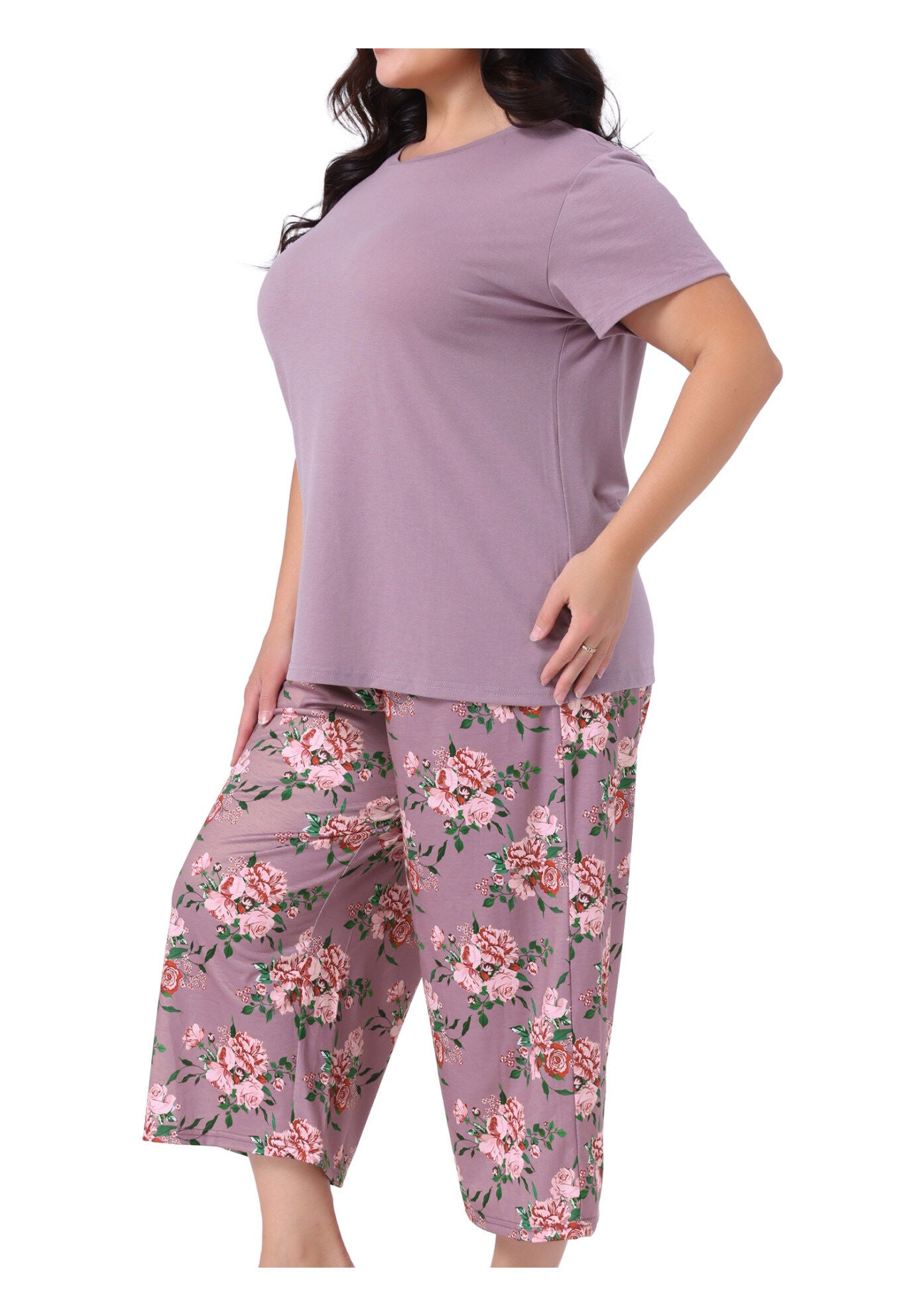 Short Sleeve Tops Pants Two-Piece Pajamas Set, Purple / Purple, alternate image number 1