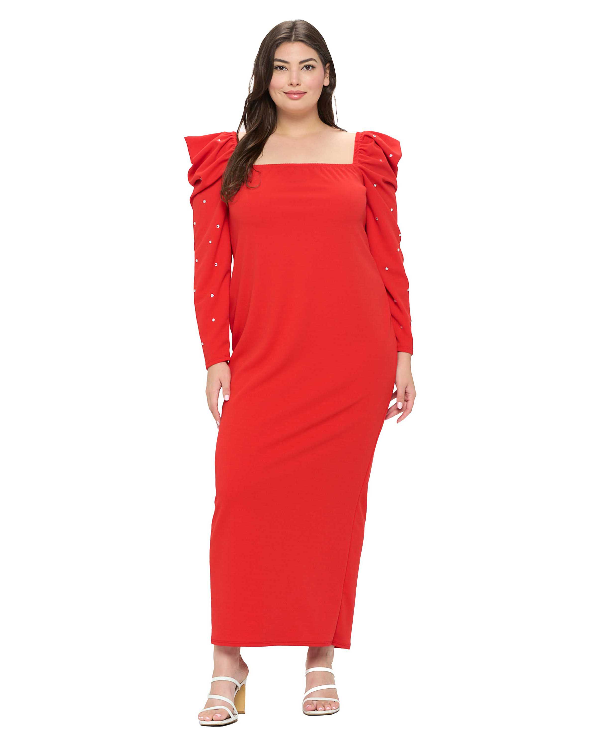EVANGELINE RHINESTONE SLEEVE DRESS, Coral Red / Red, hi-res image number 0