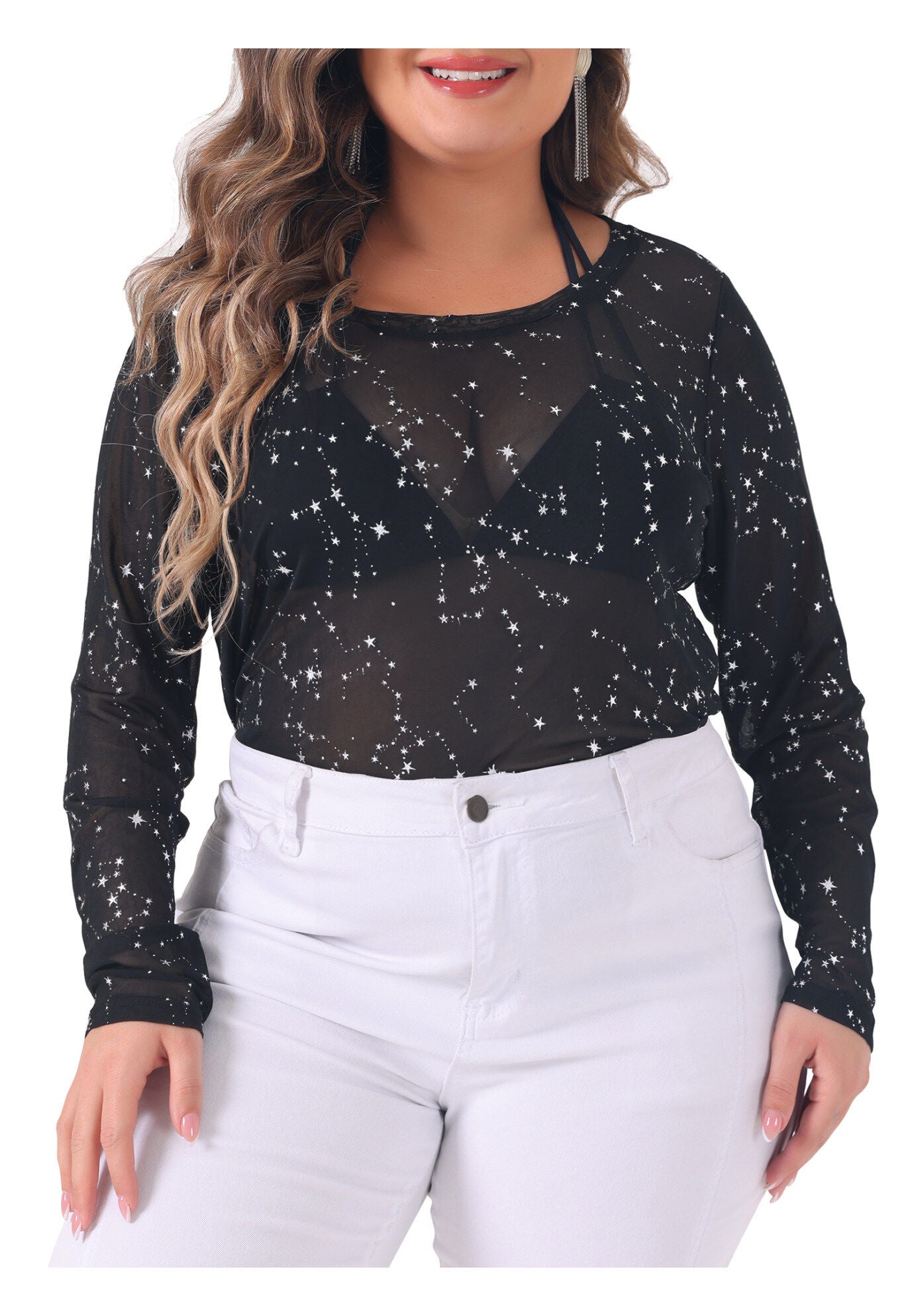 Sheer Mesh Long Sleeve Crew Neck Top, Black / Black, alternate image number 1