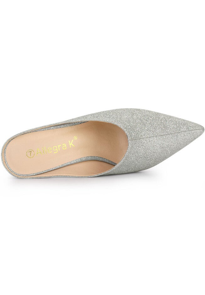 Glitter Pointed Toe Slip on Chunky Heels Slides Mules, Silver / Silver, alternate image number 2