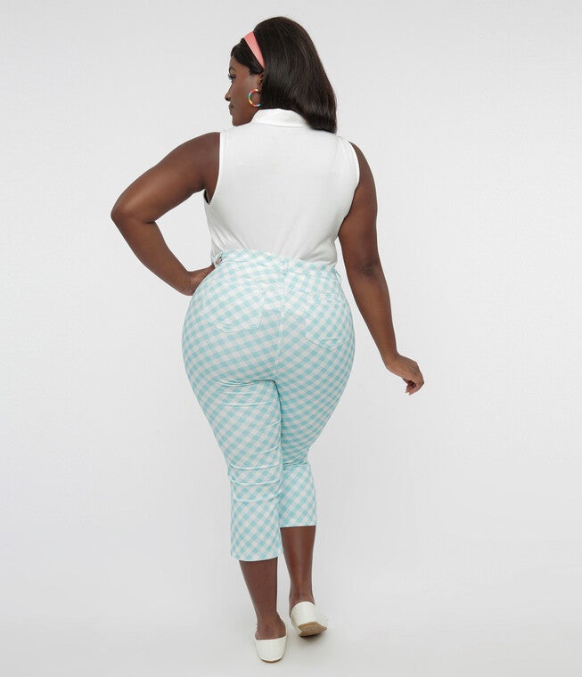 Smak Parlour Light Blue & White Gingham Capri Pants, Blue Gingham / Light Blue, alternate image number 1