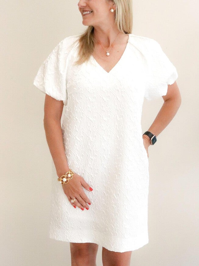 PUFF SLEEVE CHEMISE DRESS IN WHITE, White / White, hi-res image number null